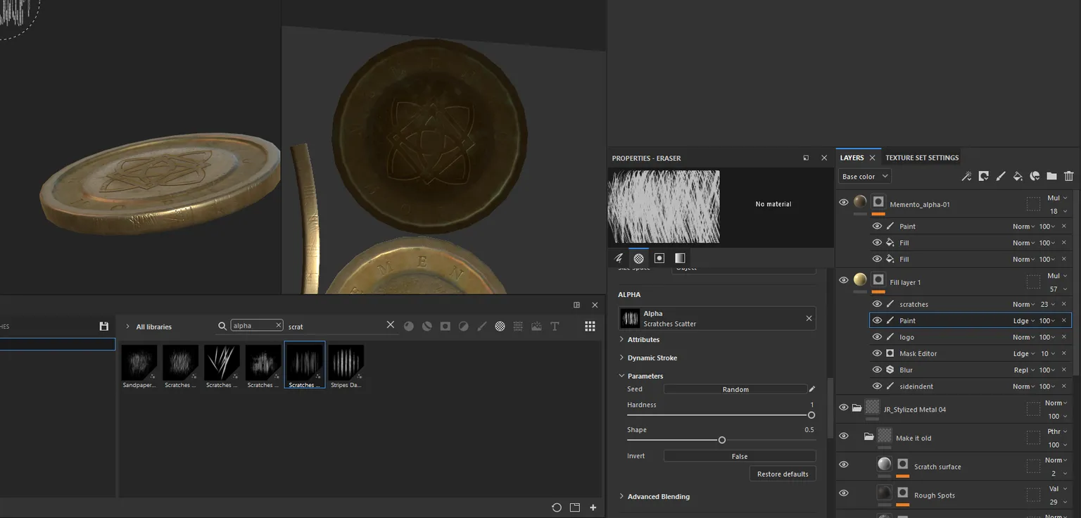 El texturizado de la moneda en Substance Painter.