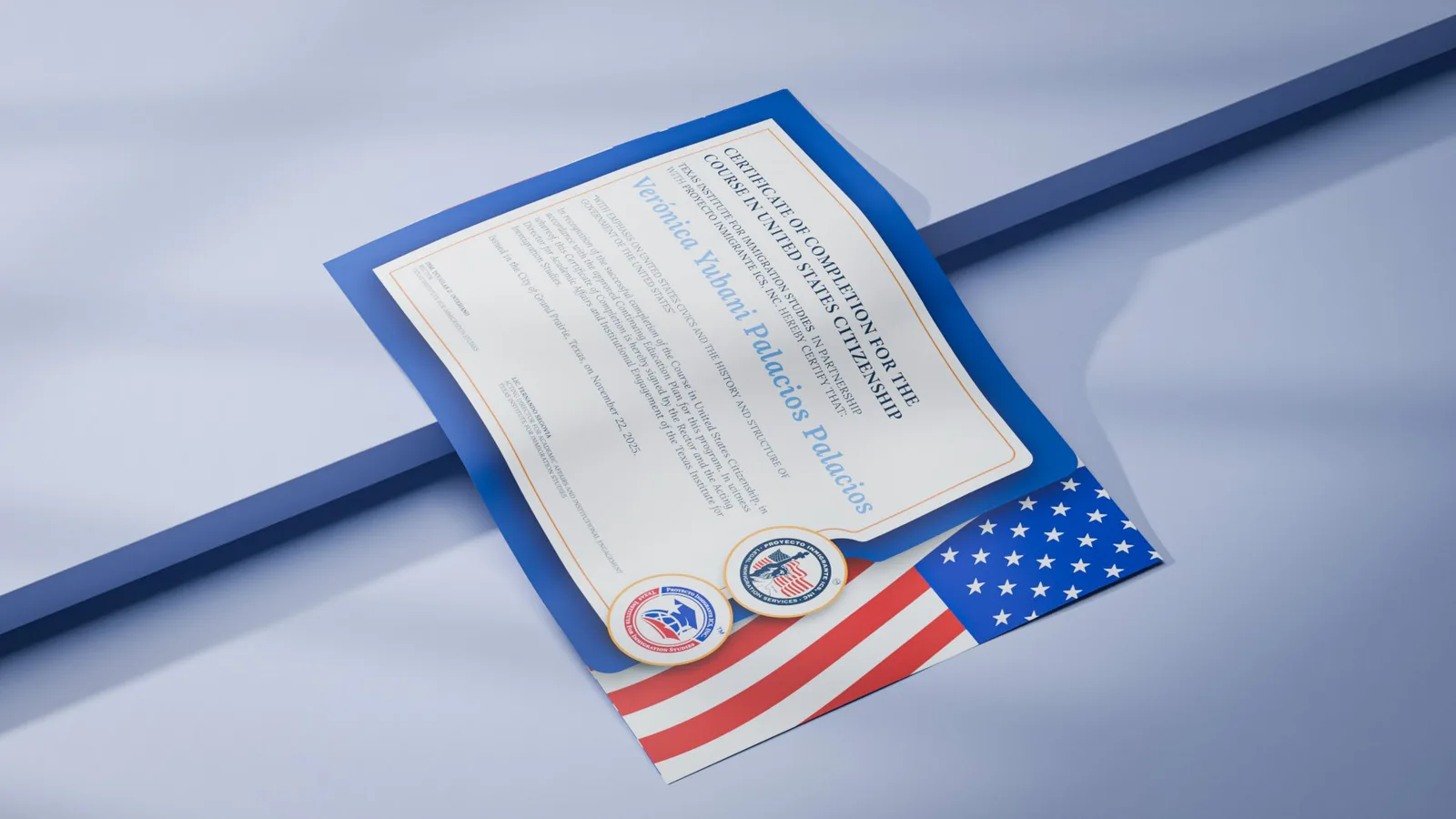 El certificado presentado en carpeta.