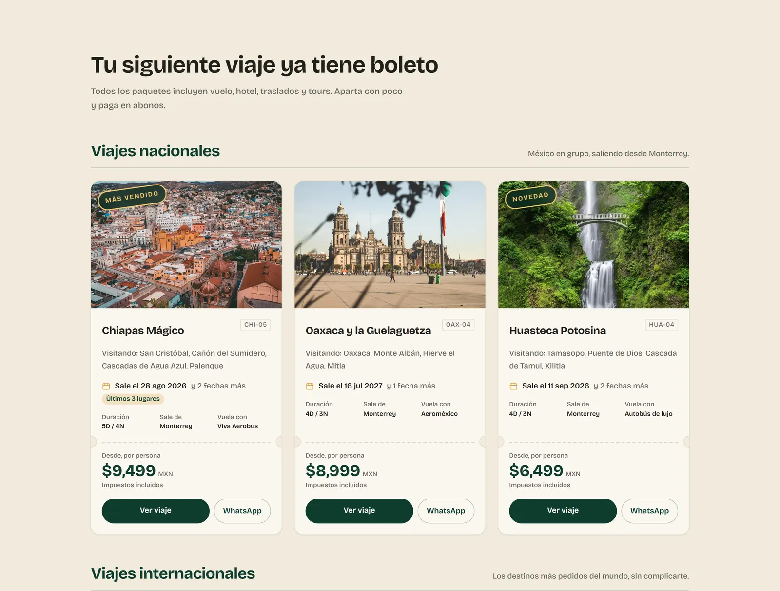 Cada paquete enseña precio, fecha de salida y ciudad desde la portada, sin tener que abrirlo.