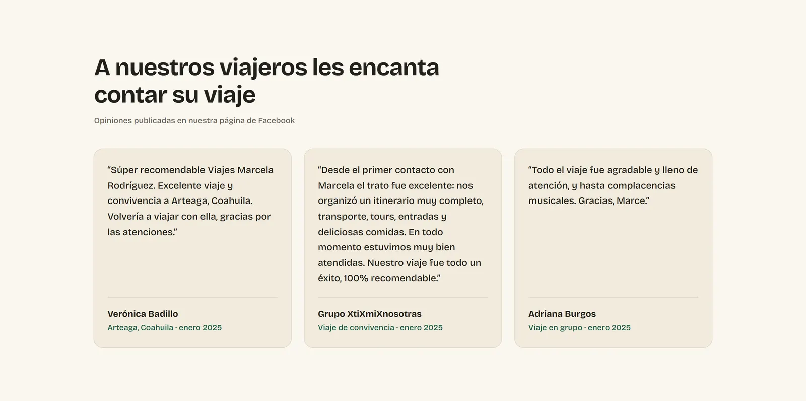 Testimonios de viajeros, con su nombre y el viaje que hicieron.