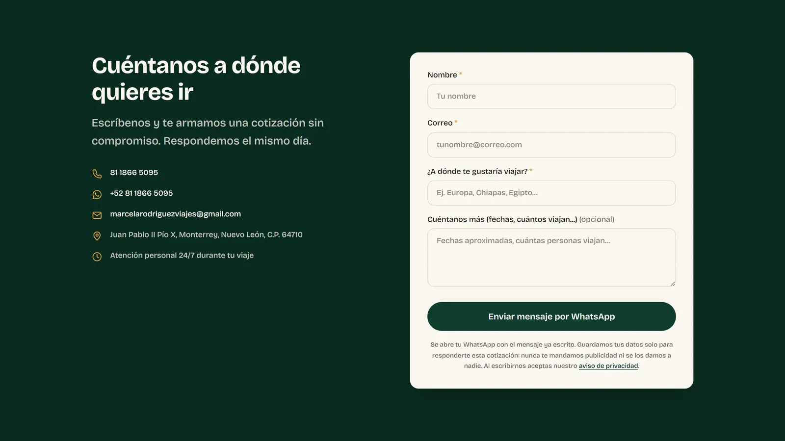 El formulario termina en WhatsApp, que es donde Marcela realmente atiende.