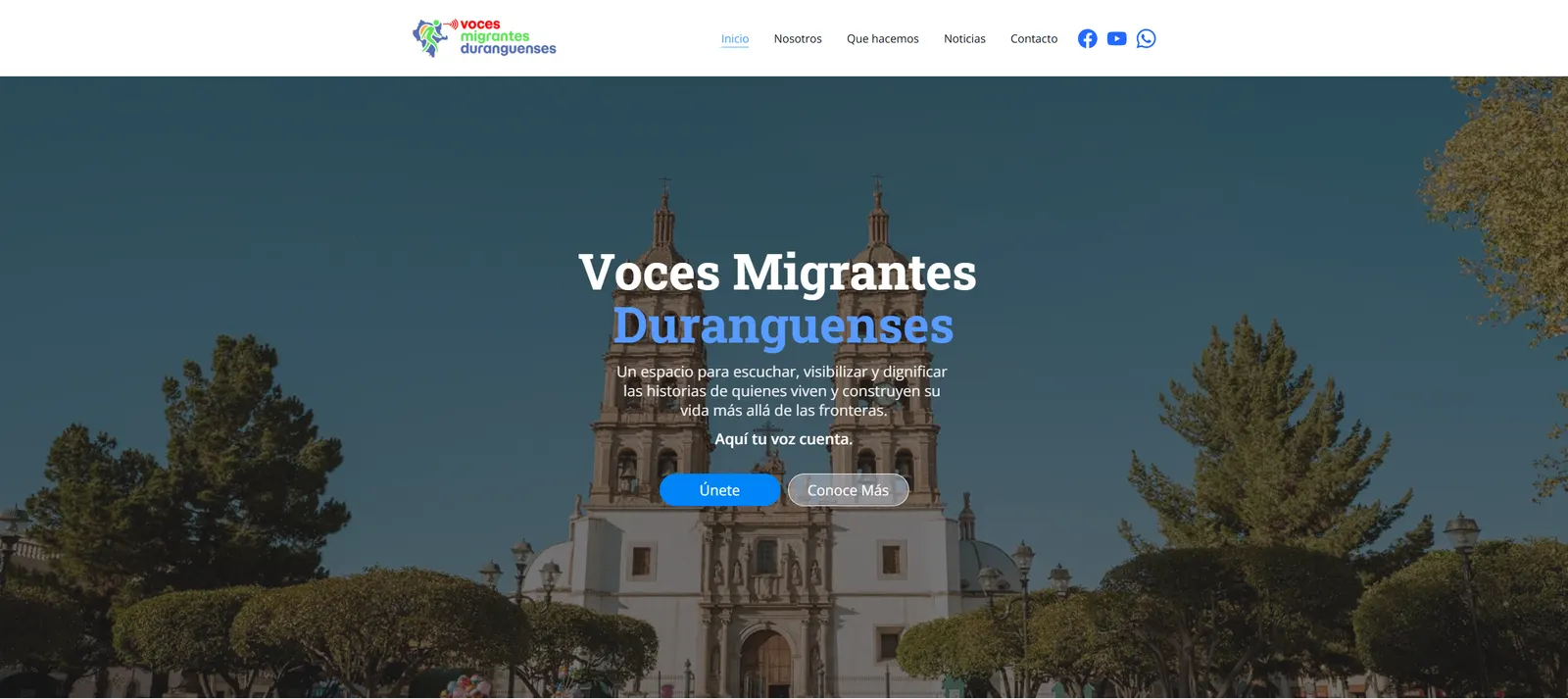 La portada abre con la catedral de Durango y una frase que dice para quién es el sitio.