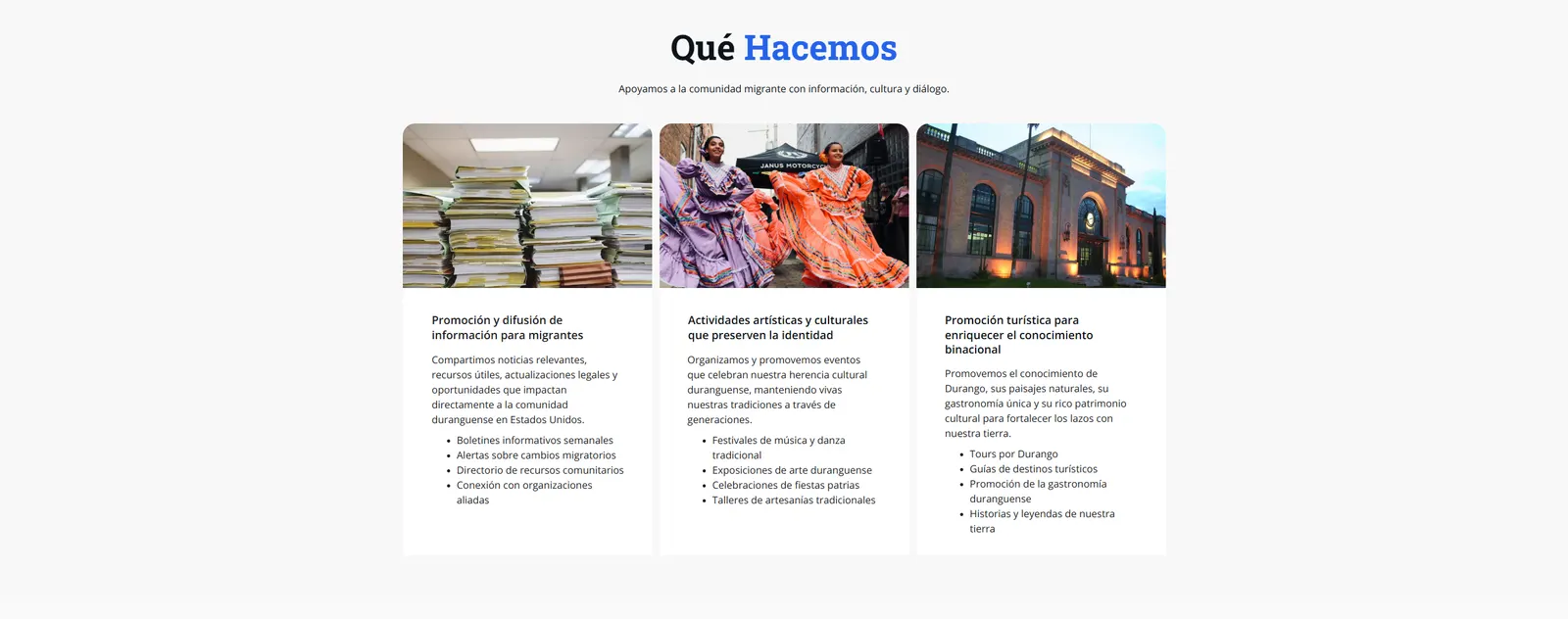 Los tres frentes de la organización, cada uno con lo que incluye en concreto.