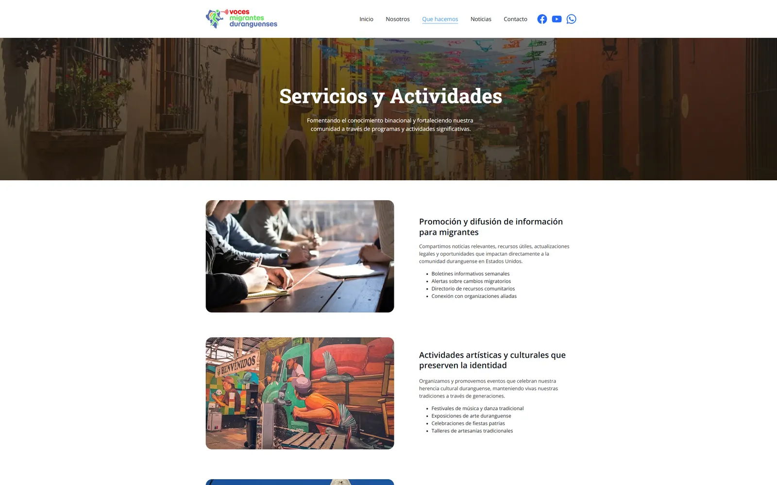 La página de servicios y actividades desarrolla cada programa con su lista de acciones.